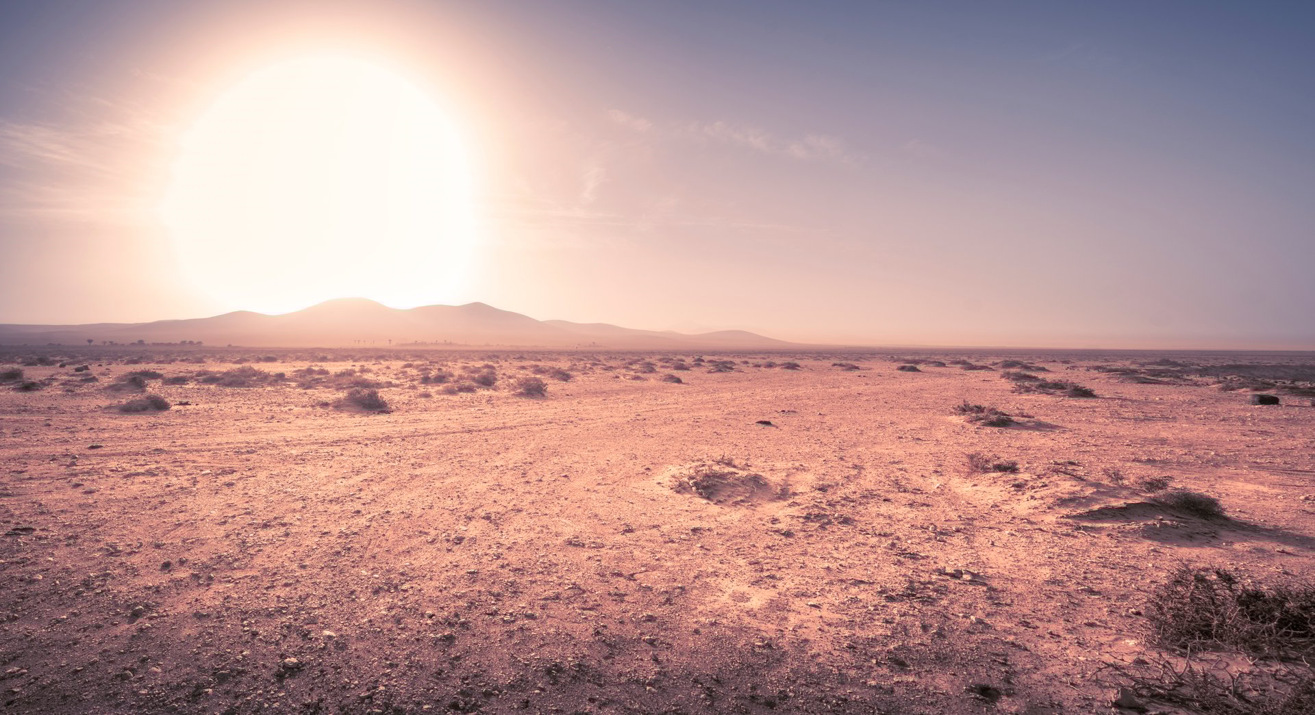Panorama view on mars alien like volcanic desert landscape in Fuerteventura, Canary Islands