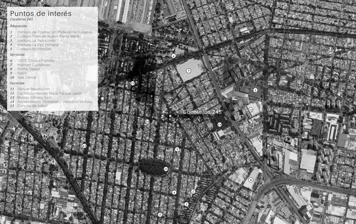 Aerial map showing points of interest in Codornices 245 area with an overlay list of educational and service locations.