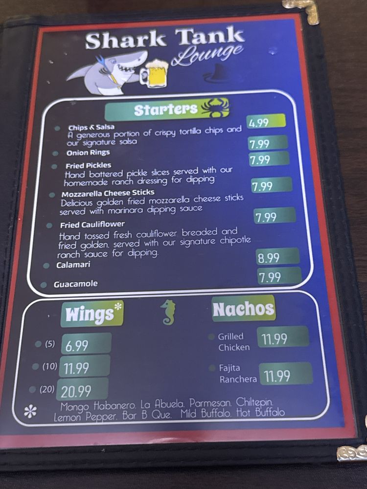 Shark Tank Lounge Menu Page 1
