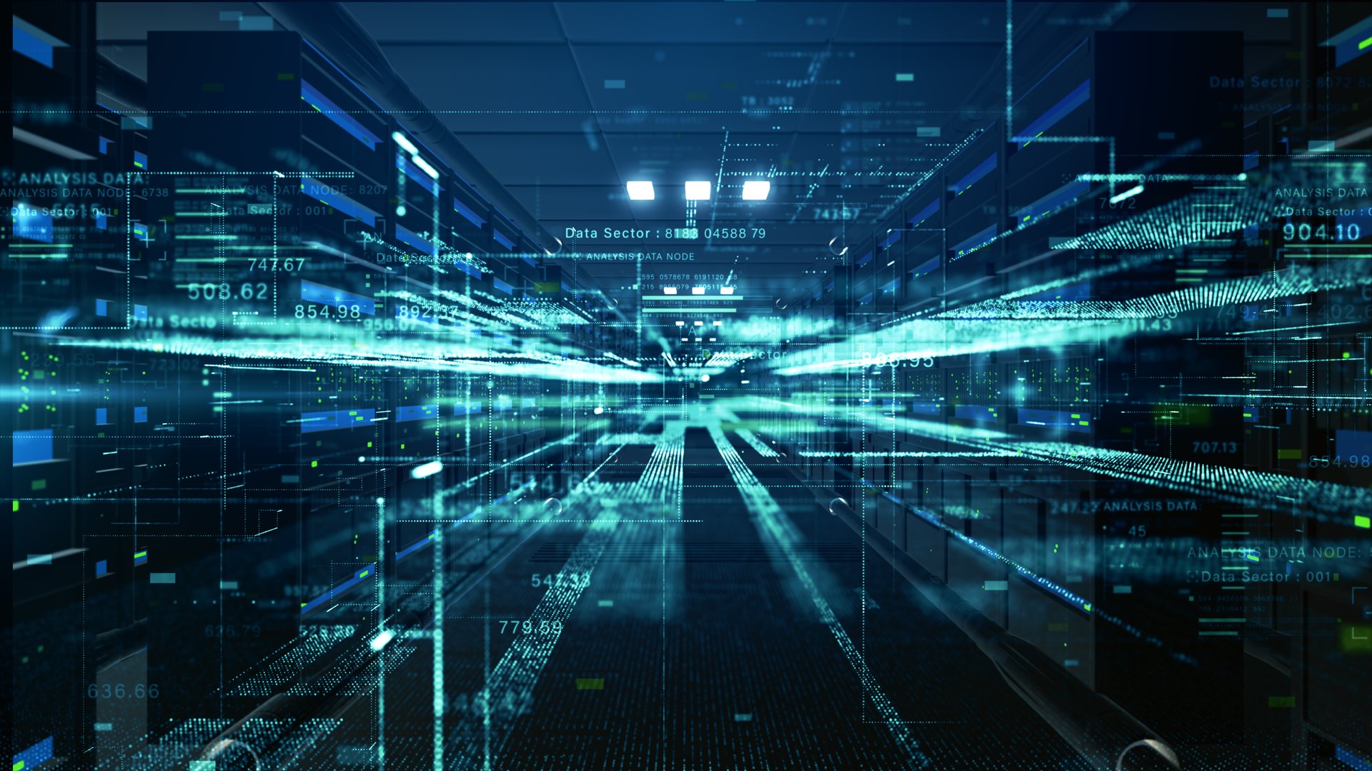 Futuristic data center with high-speed digital transmission lines, AI analytics, and big data processing streams across server racks and IT infrastructure. Technology abstract background, 3d Rendering