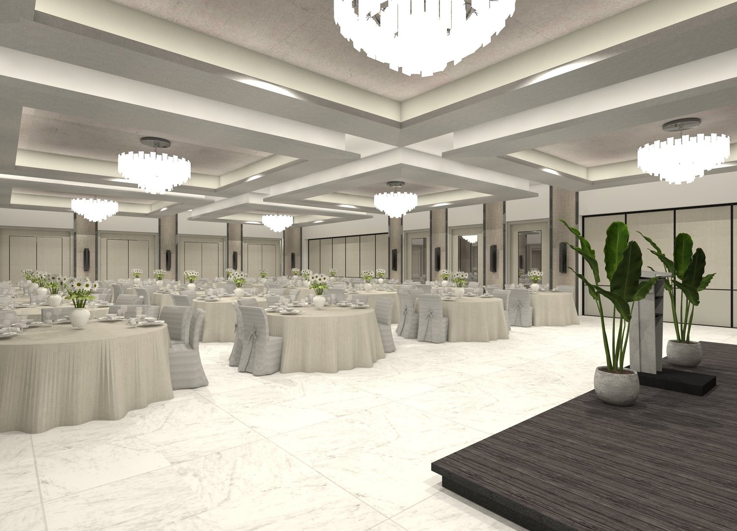 Luxurious and modern 3D interior design of a hotel ballroom with table and chair sets. Features decorative wall panels, ceiling ornaments, and lighting.