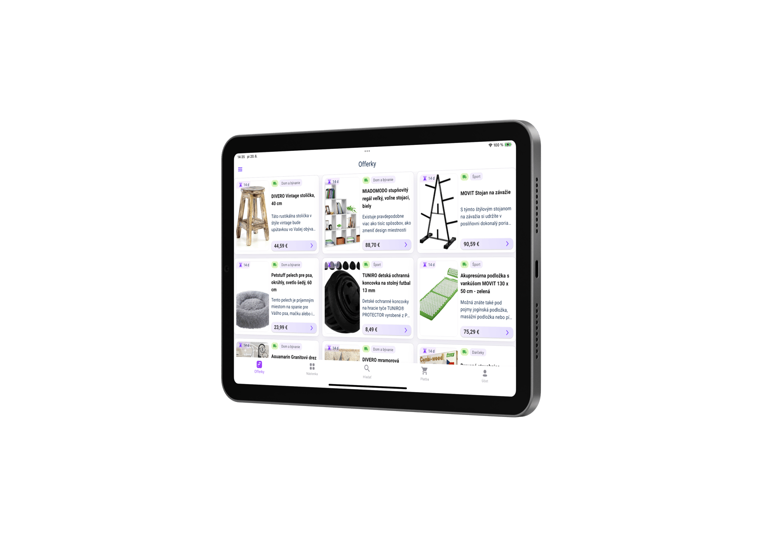 Mobile shopping app interface showing product listings