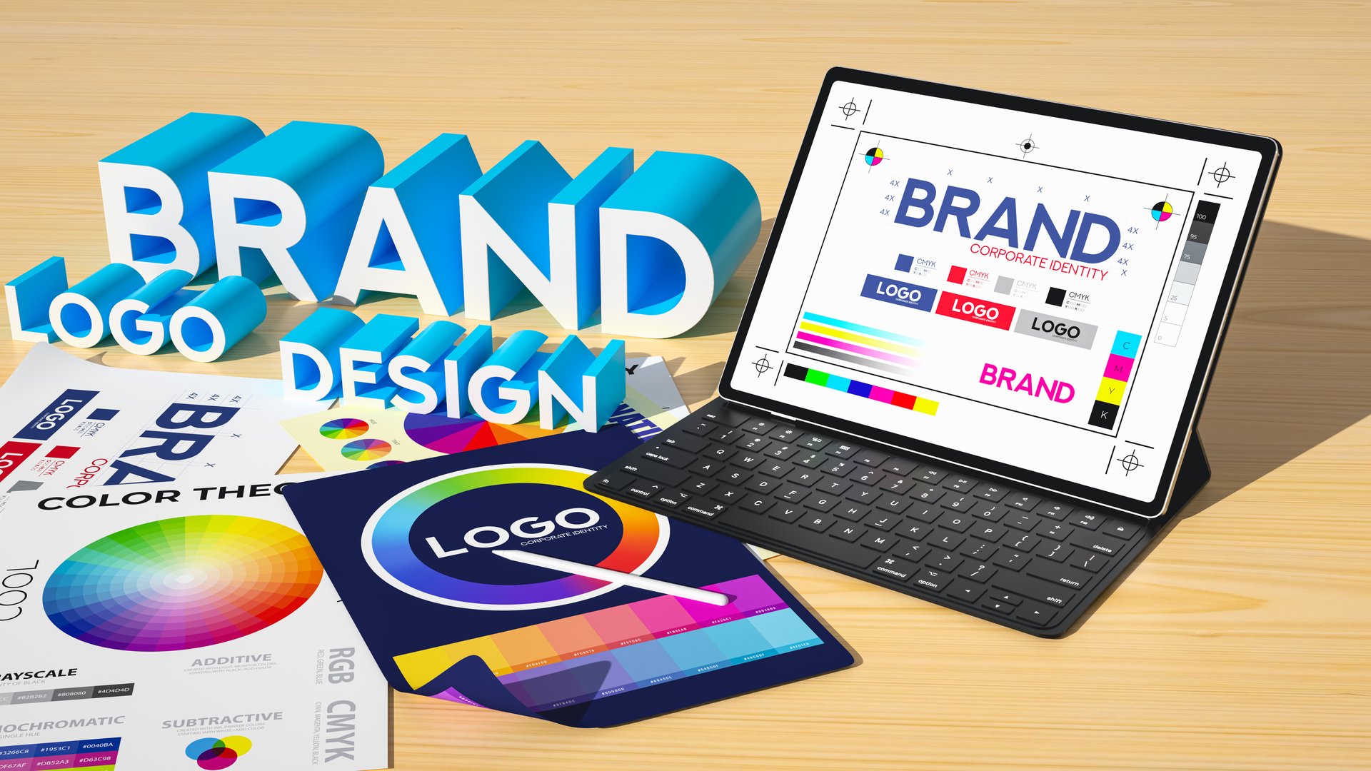 A 3D composition showcasing the creative process of brand design. The word "Brand" is prominently displayed in 3D beside a digital tablet. Inside the tablet, "Brand" is written again, accompanied by design elements such as color selections, graphic design markers, and icons essential for creating a brand identity. Surrounding the tablet and extending onto the surface are scattered papers, illustrating various logos, color theories, and graphic layouts. This visual composition effectively conveys the elements required to build a cohesive and impactful brand.