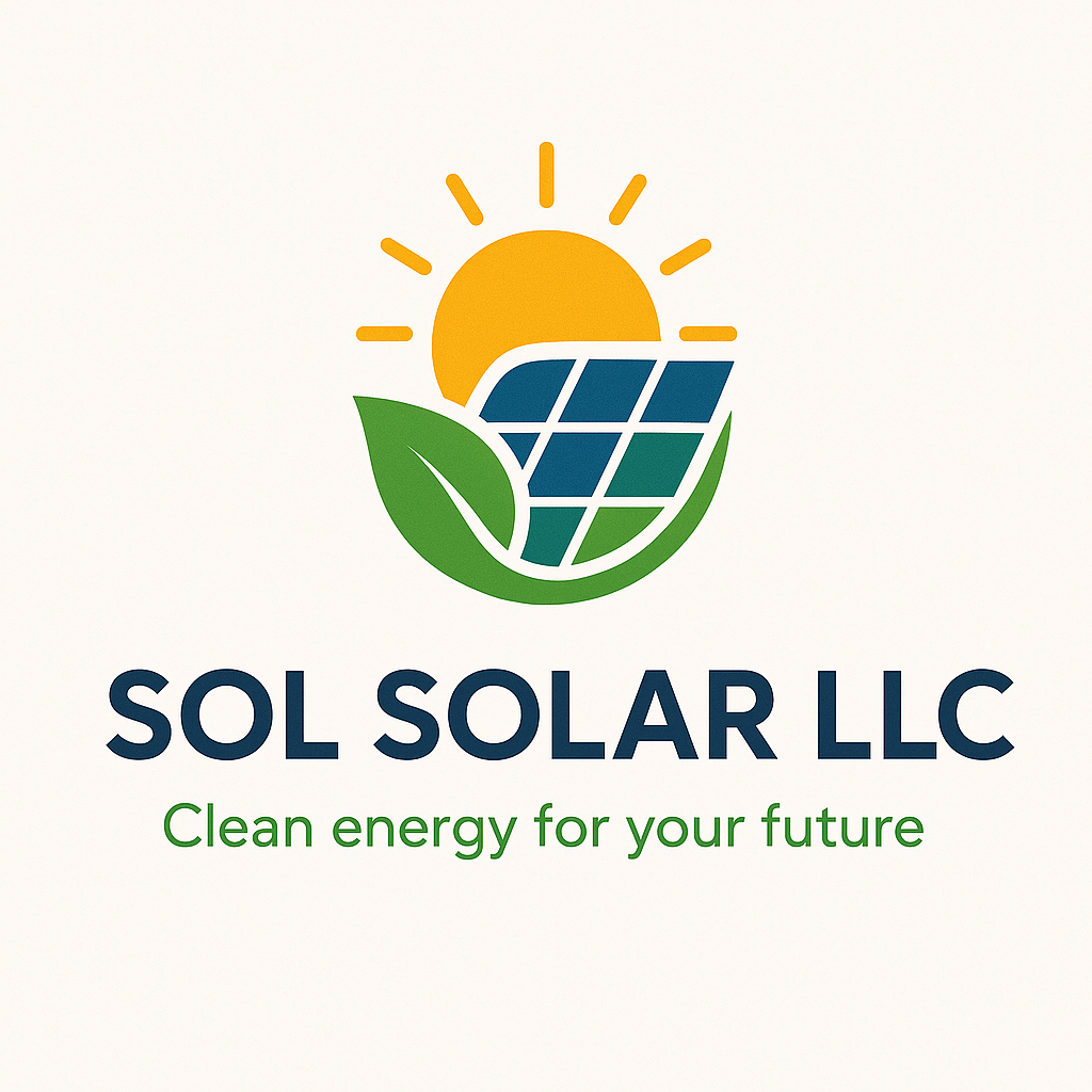 Logo for Sol Solar LLC featuring a sun, solar panel, and green leaf with the slogan "Clean energy for your future."