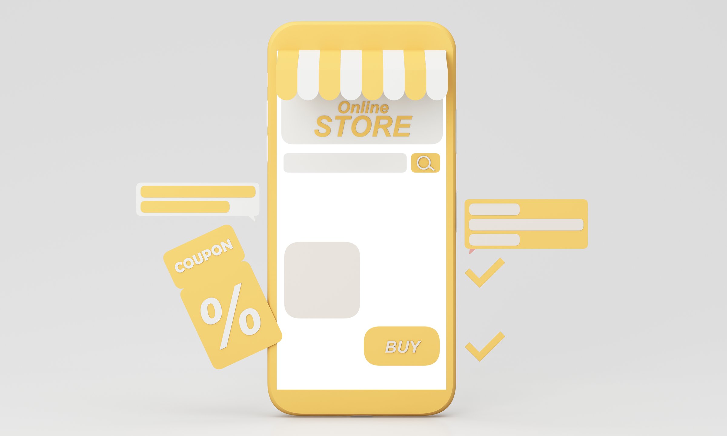 3D rendering of a mobile online store interface in yellow, featuring a discount coupon, buy button, and navigation elements, ideal for ecommerce and digital marketing content.