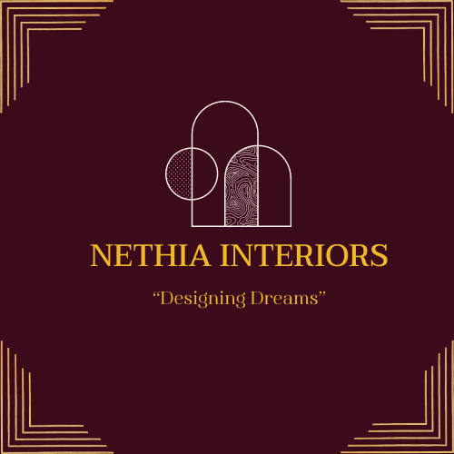 Logo for Nethia Interiors with abstract shapes and the slogan "Designing Dreams" on a maroon background.
