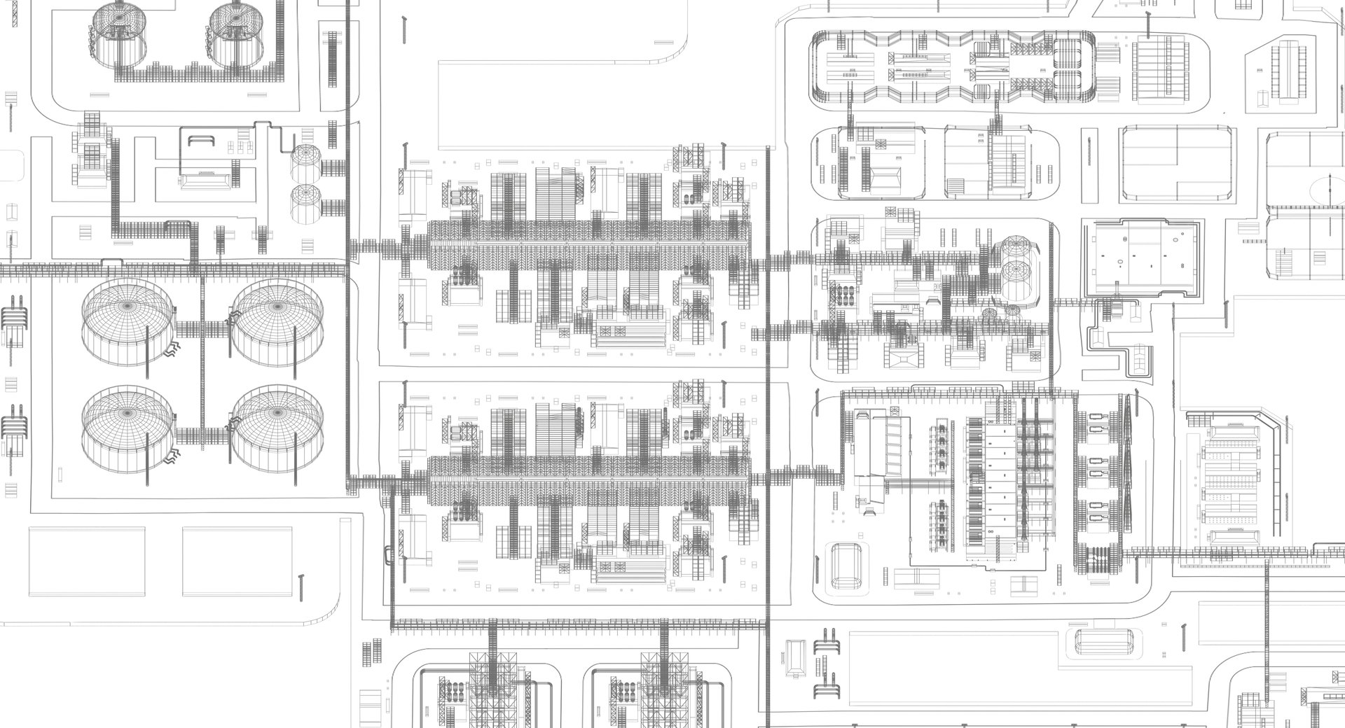 The territory of the LNG plant with tanks, technological platforms, overpasses and other. Grey lines isolated on white. 3d-rendering