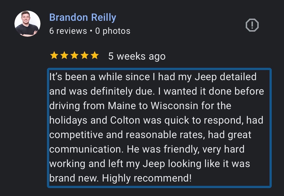 Customer review for CJJ Detailing