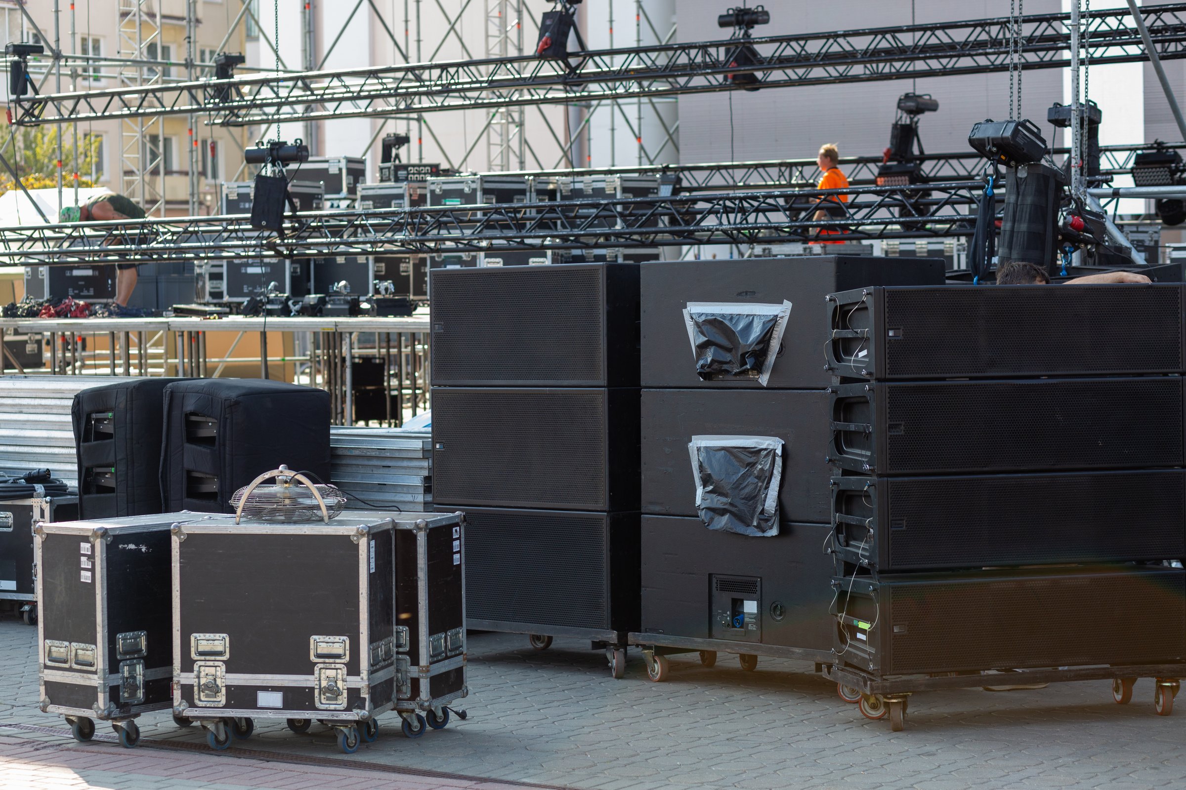 Stage equipment for the organization of concert shows Boxes with concert equipment: speakers, lighting, amplifiers, LED panels and cables.