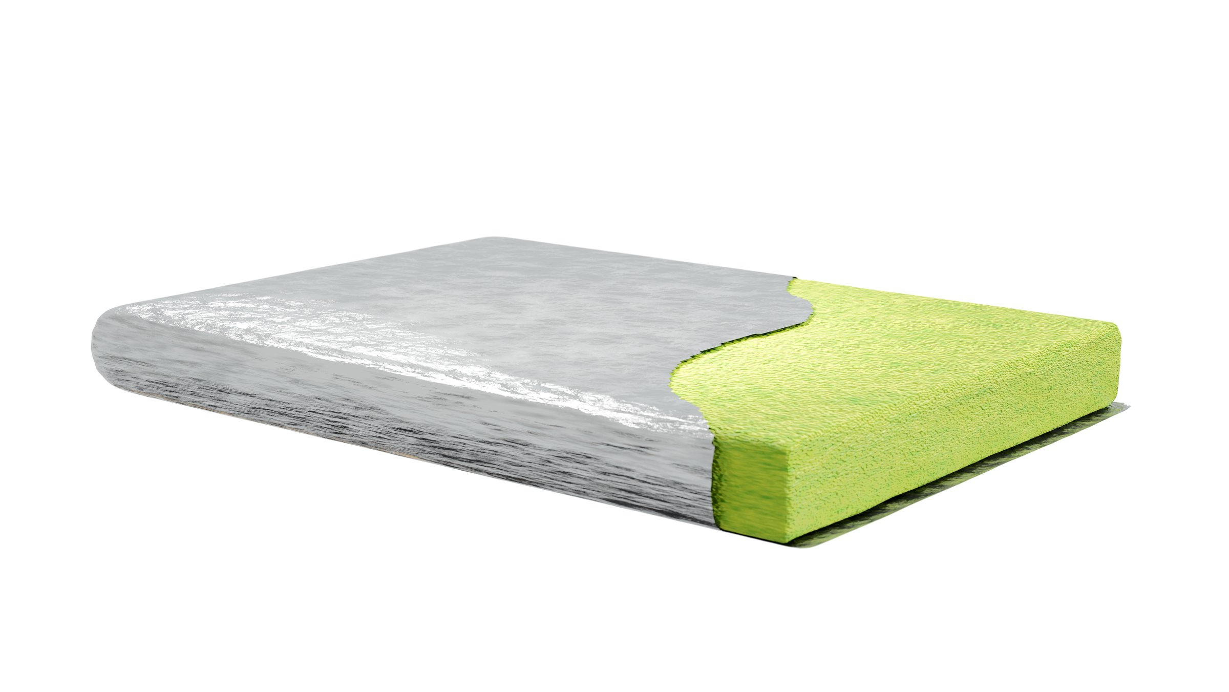 A cross-section of a thermal insulation material showing a green foam layer with a reflective silver foil on top isolated on white background. 3d render.