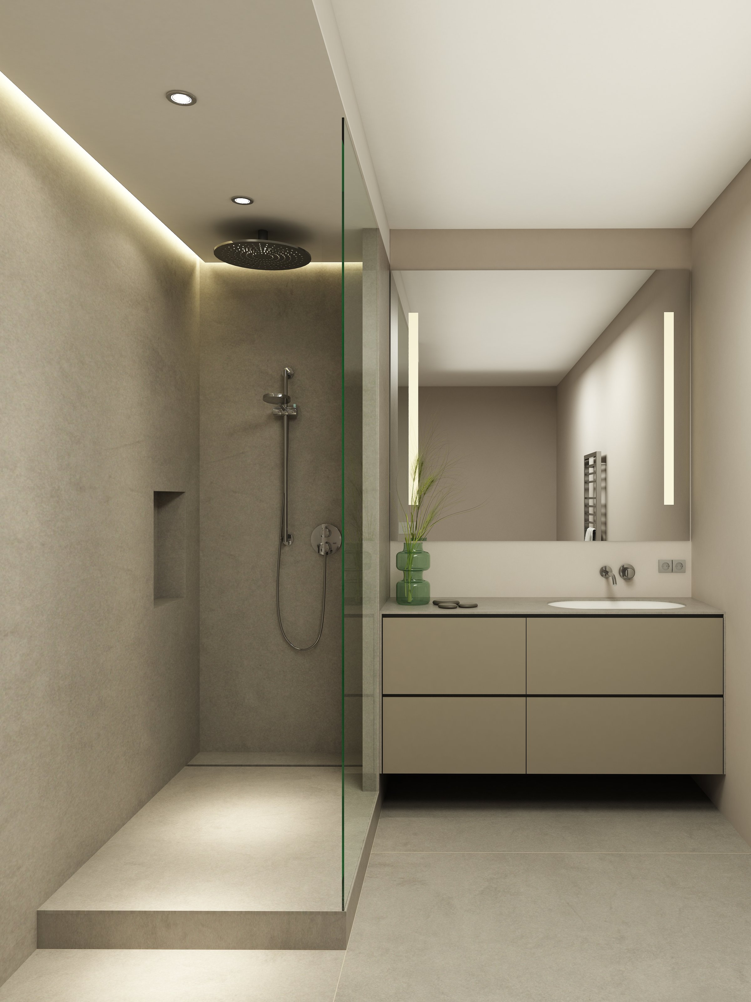 Brand new modern bathroom with marble tiles walk-in shower