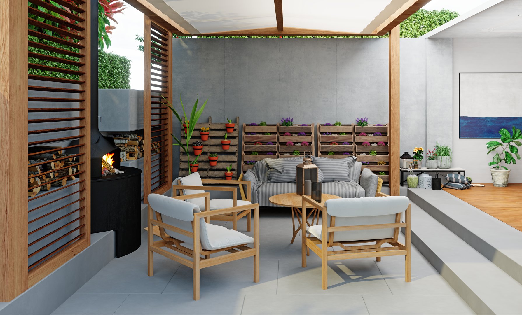 Cozy outdoor patio with a modern fireplace, stylish furniture, and hanging planters for a relaxing and inviting ambiance. 3d render