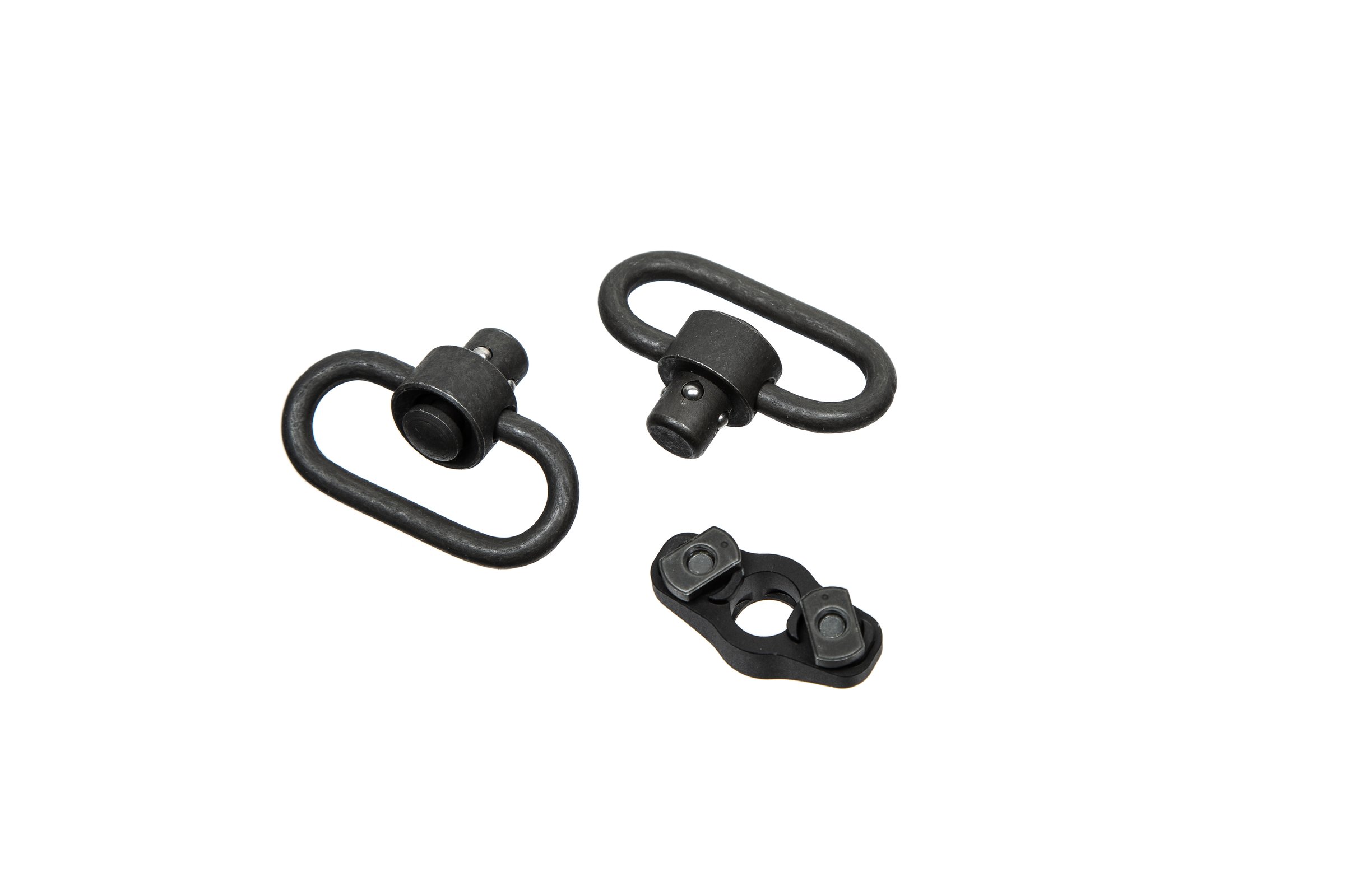 Two black metal quick-detach sling swivels and a mounting base, commonly used for attaching a sling to a firearm, providing quick and secure attachment and detachment.