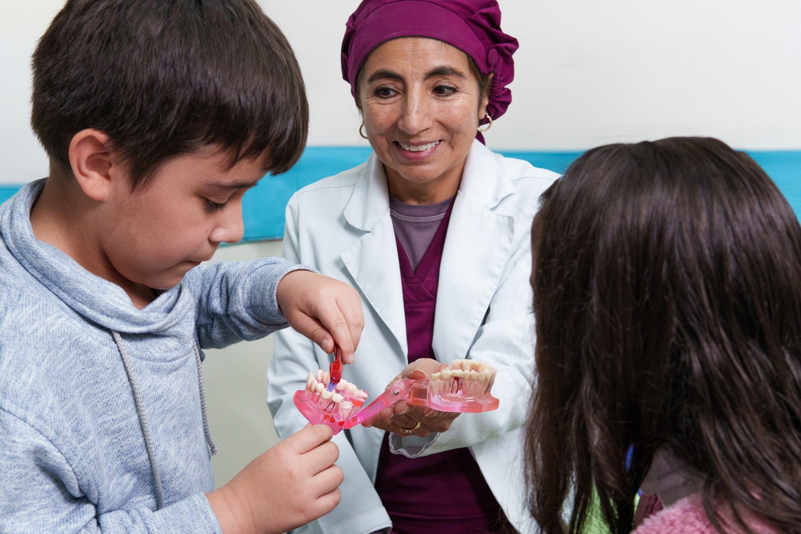 Dentist teaching oral hygiene to children, using a denture model for practicing