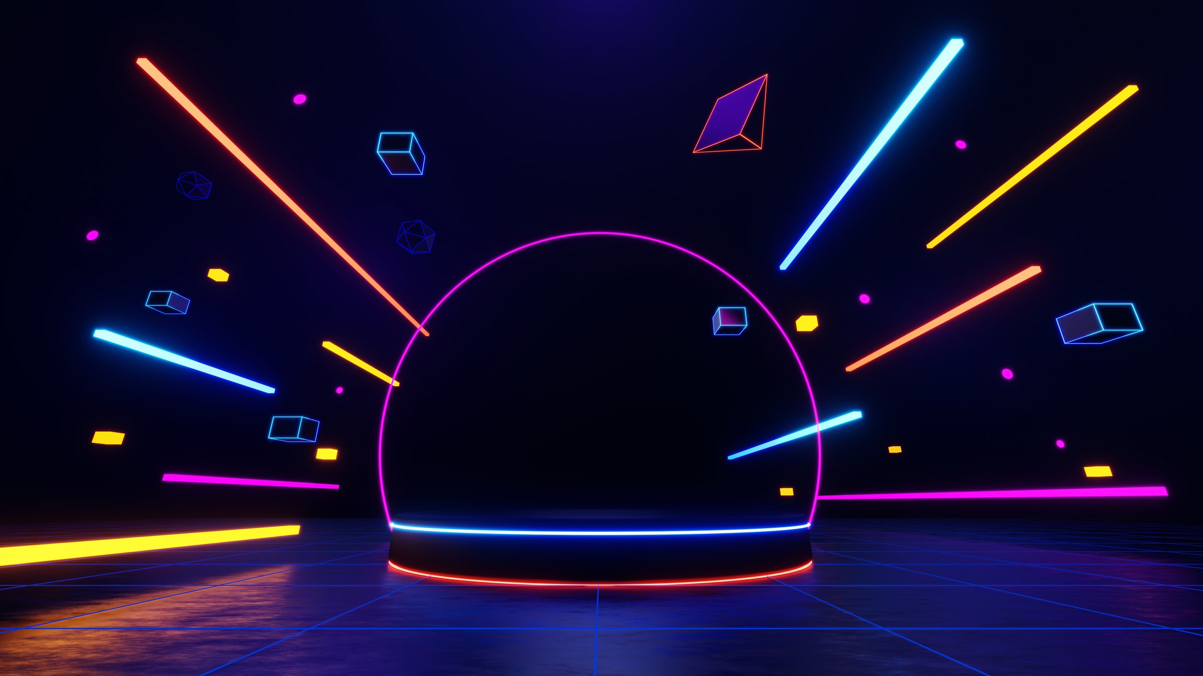3d technology abstract neon light background, empty space scene, spotlight, dark night, virtual reality, cyber futuristic sci-fi background, street floor studio for mock up. colored geometric.