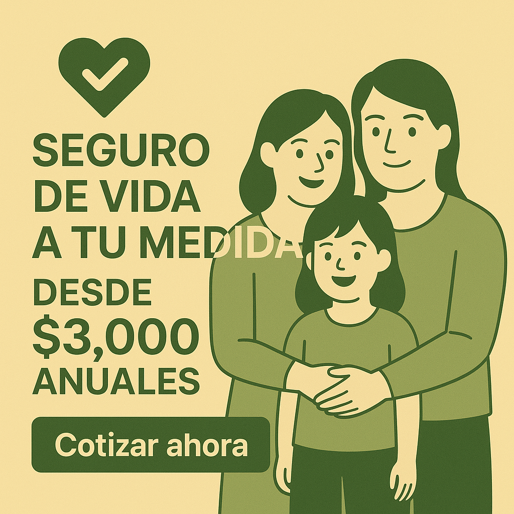 Illustration of a family with text promoting life insurance from $3,000 annually. Button reads Cotizar ahora.