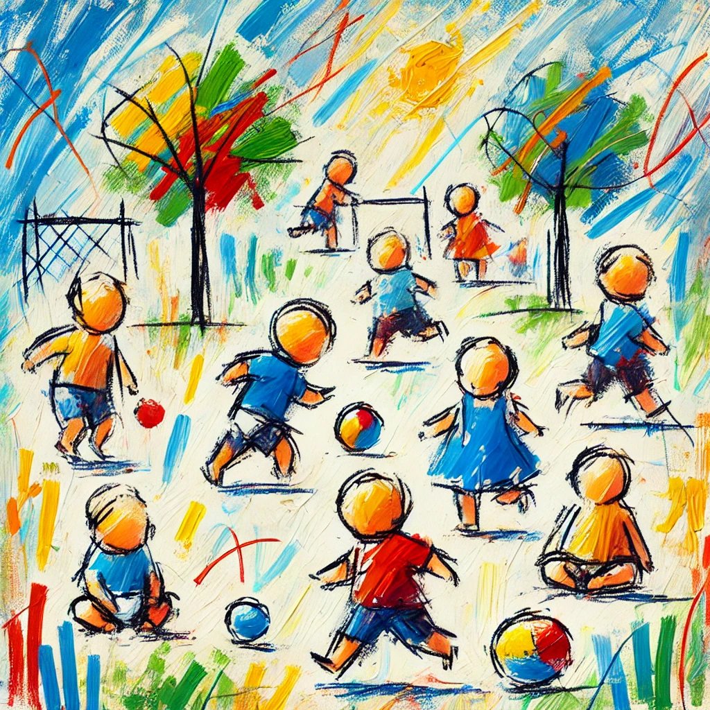 Colorful abstract painting of children playing outdoors with balls and a soccer goal, surrounded by trees and blue skies.
