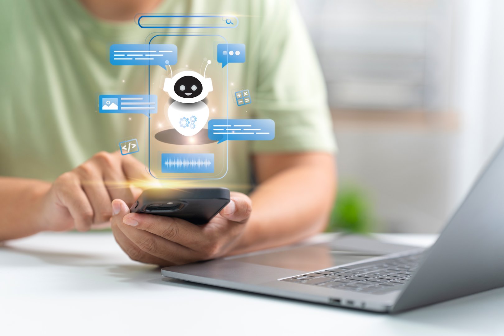 AI chatbot, artificial intelligence. A person uses a smartphone with a holographic AI chatbot interface. assistant chatbot. LLM AI deep learning. modern technology and digital communication.