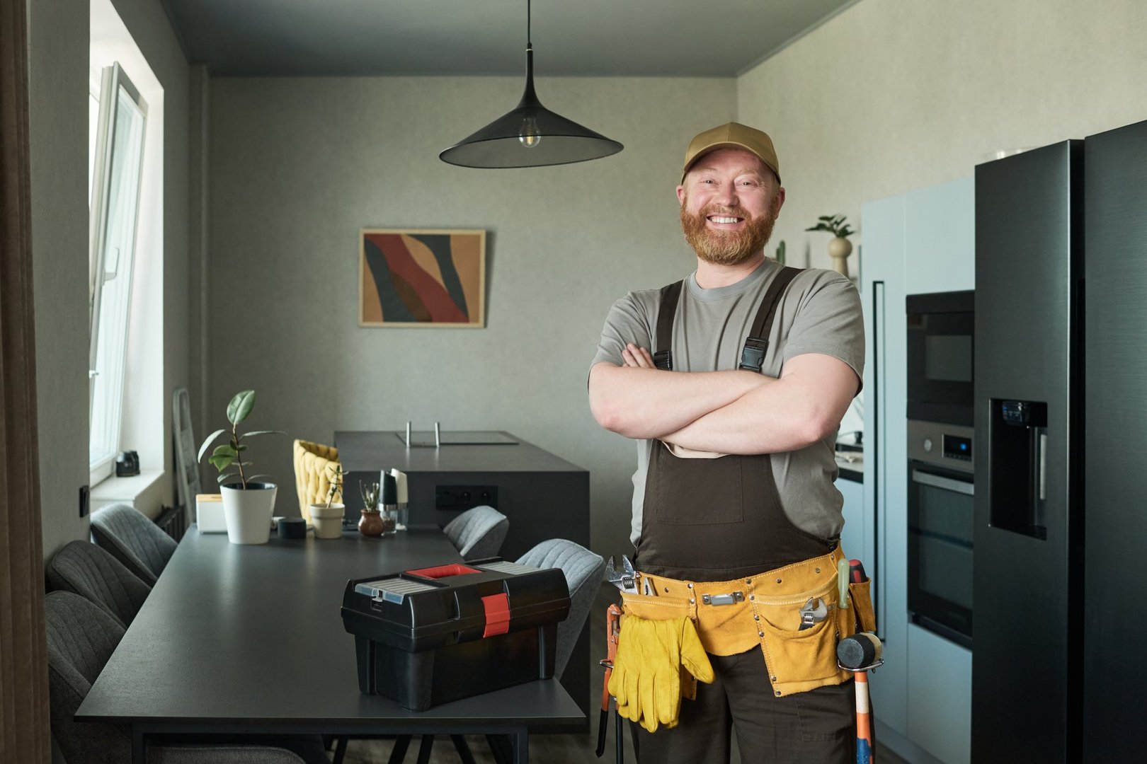 Portrait of middle aged Caucasian man with beard standing in modern kitchen smiling with arms crossed wearing tool belt and cap, toolbox on table in foreground