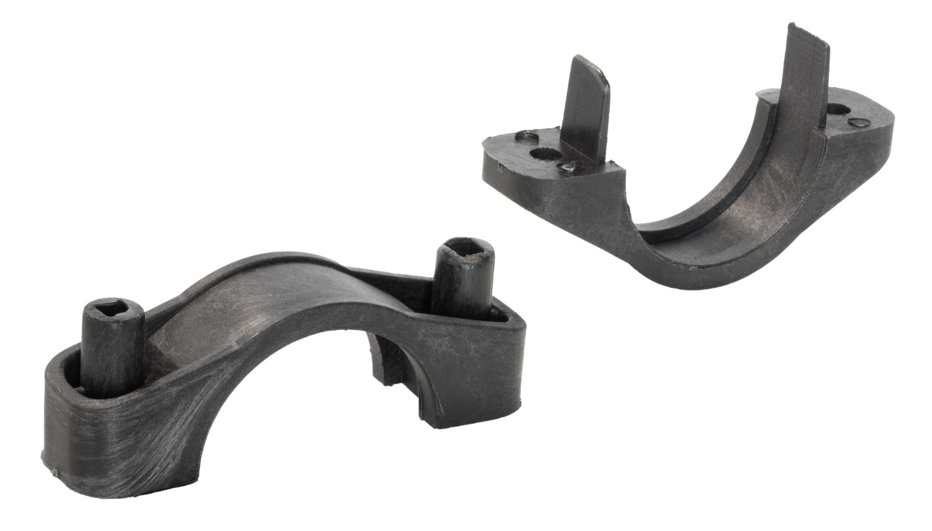 Clamp made to secure pipe or conduit in a building that has been taken apart and seen up close isolated on a white background.