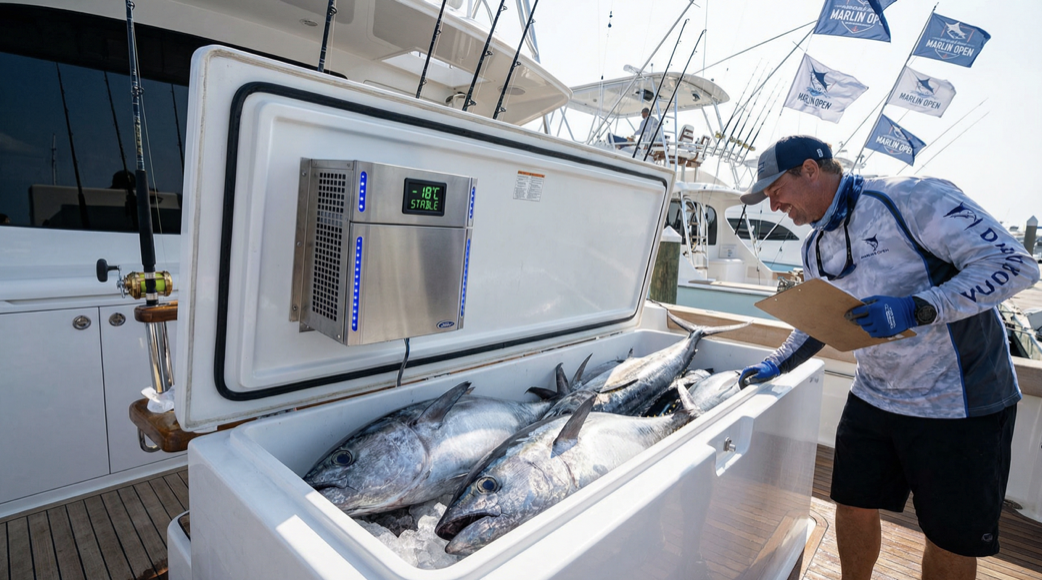 Thermoacoustic fish box and bait freezer cooling system for sportfishing yacht