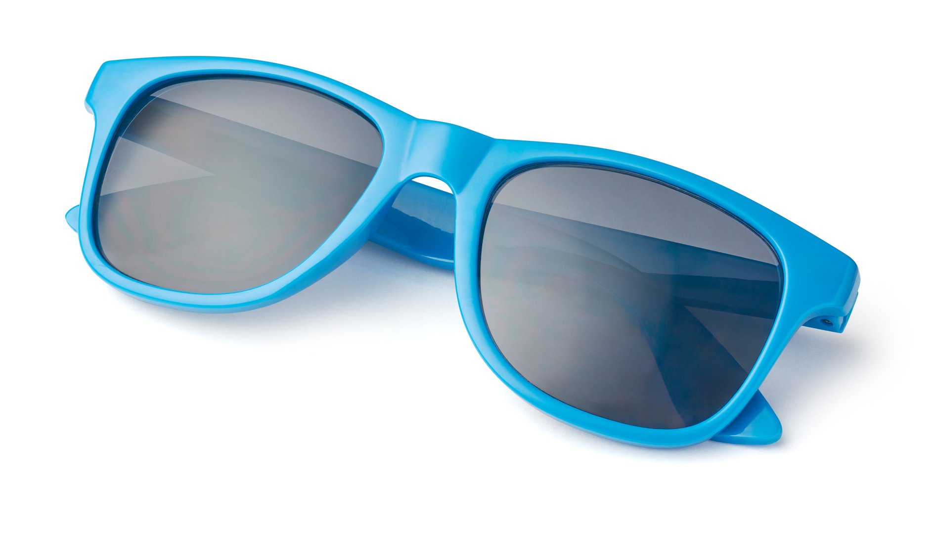 close-up of bright blue frame sunglasses isolated white background, classic eyewear design for casual summer outfits, beachwear or street style