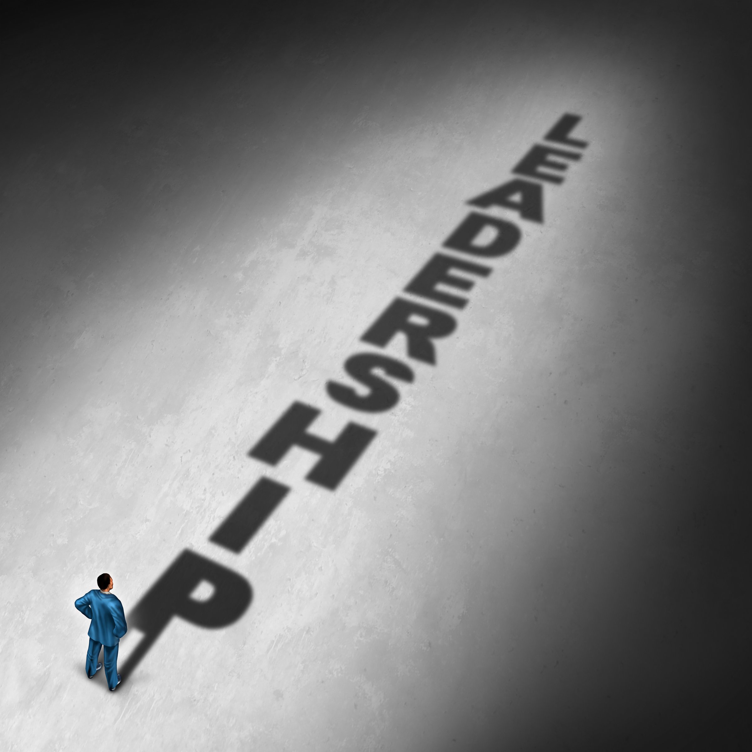 Career leadership concept and management direction symbol as a businessman casting a shadow with the leader related text as a success metaphor for corporate entrepreneurial vision with 3D illustration elements.
