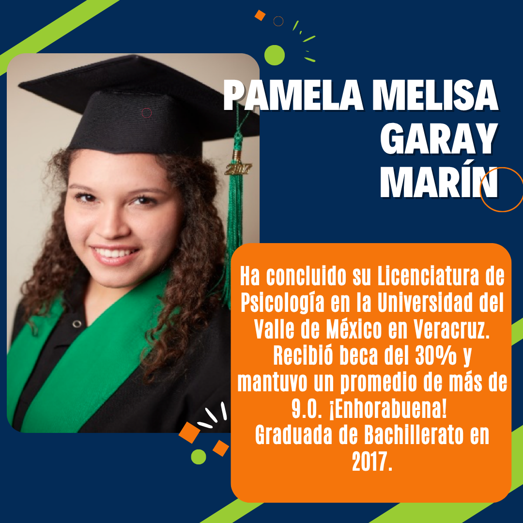 Graduation announcement for Pamela Melisa Garay Marín, who earned a psychology degree with a scholarship and honors.