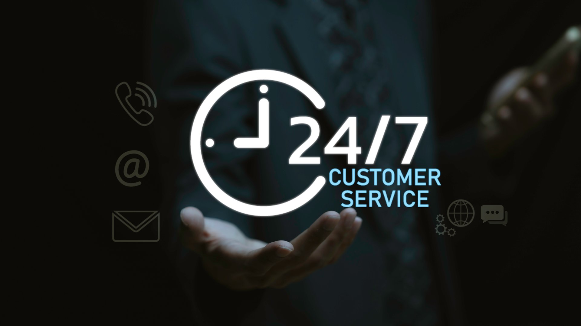 24/7 customer service concept with glowing support icons above a man hand, symbolizing round-the-clock assistance, digital communication, business support solutions, and modern customer experience technology.