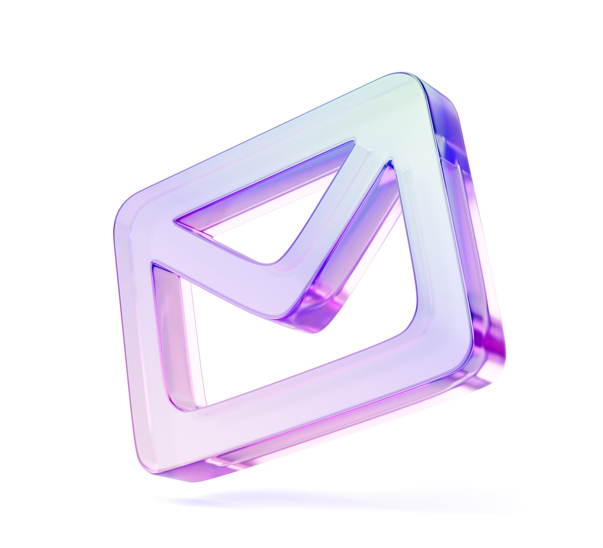 3d glass holographic email envelope render isolated web icon. Crystal rainbow outline electronic message with pink blue neon gradient texture. Webmail newsletter sending or receiving. 3D illustration