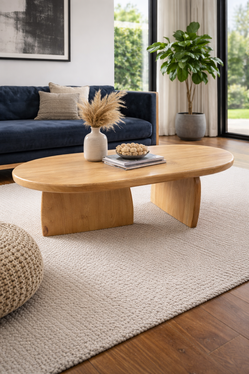 Mesa de centro Duna con silueta orgánica, cubierta ovalada y base doble tipo aletas en madera sólida