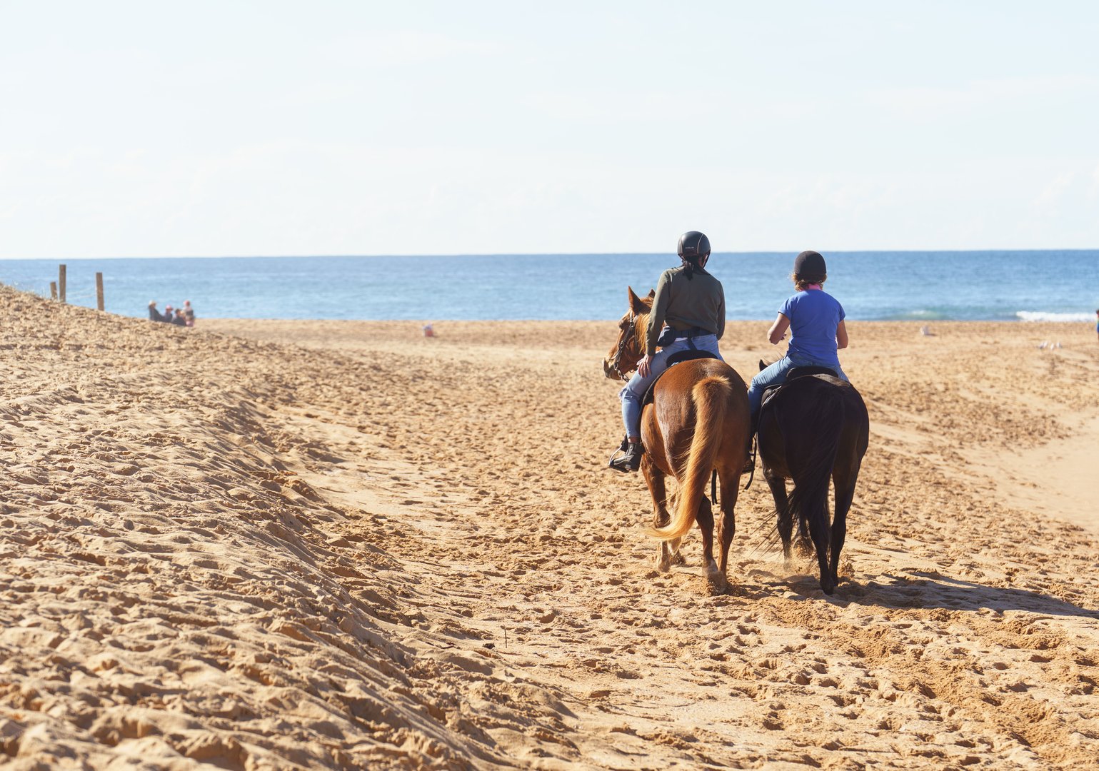 Sydney, Australia, May 17, 2025- Two women riding horses early morning at Mona Vale beach