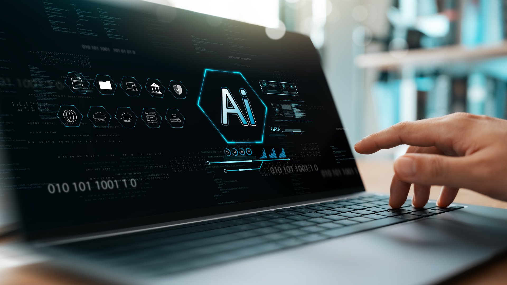 AI technology, artificial intelligence in work to help maximize efficiency, businessman uses AI technology to help analyze big data and use it in human daily life, future technology.