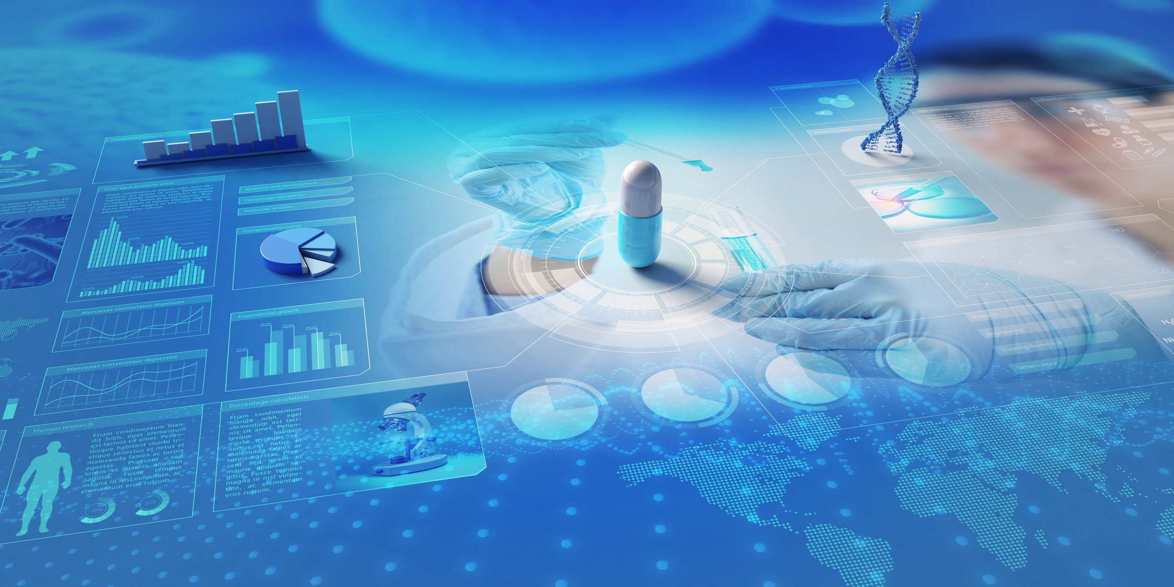 Holograms of capsule; charts and DNA helix on scientific backdrop. 3D illustration. Concept about pharmaceutical research and development; biochemical industry.