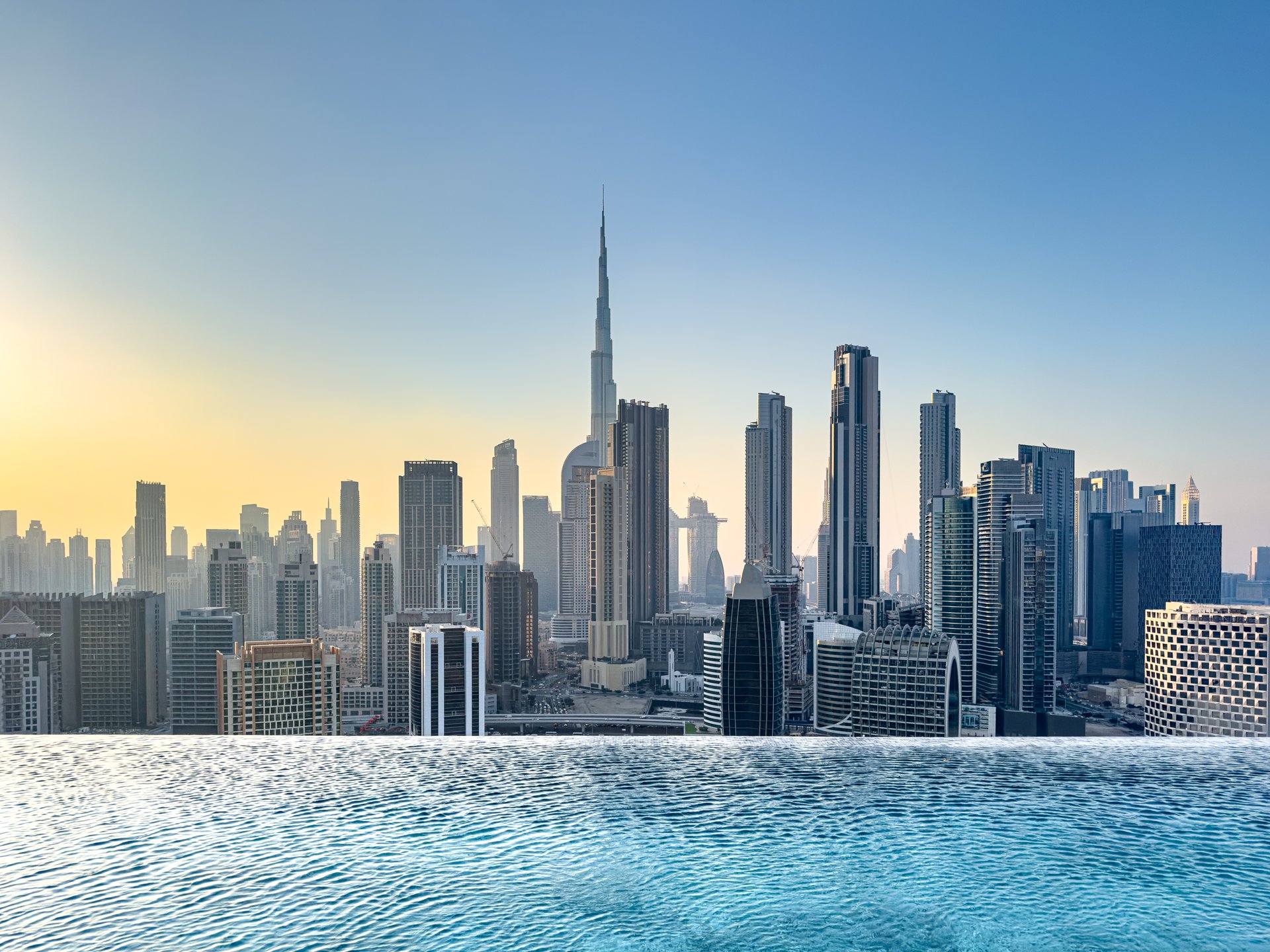 View of Dubai skyline including the Burj Khalifa, the world's tallest skyscraper as seen from Business Bay in Dubai, UAE