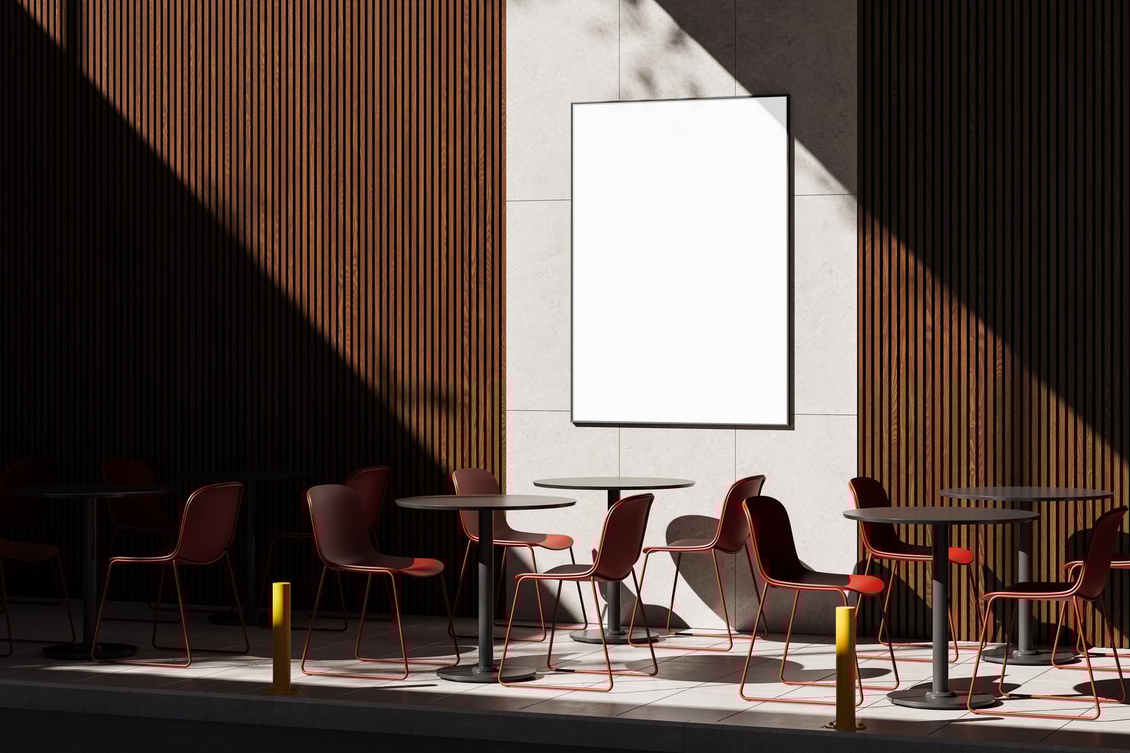 Outdoor cafe scene featuring a vertical blank poster mockup on a modern tiled and wooden wall with red chairs and soft light shadows. 3D Rendering