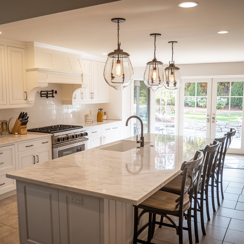 Modern kitchen with white cabinets, marble island, pendant lights, and bar stools, overlooking a backyard through glass doors.