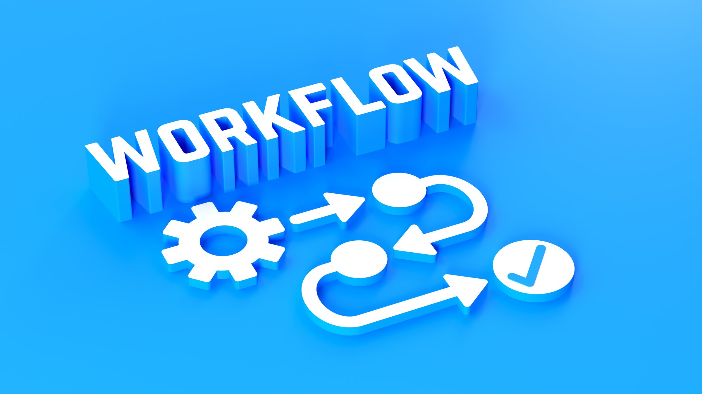 A detailed 3D rendering featuring the word 'Workflow' in bold text at the center, with a workflow diagram and flowchart positioned in front. The diagram showcases the process of task management and work progression, illustrating connections and steps in a clear and visually engaging manner. Perfect for depicting concepts like project management, business processes, and efficiency.