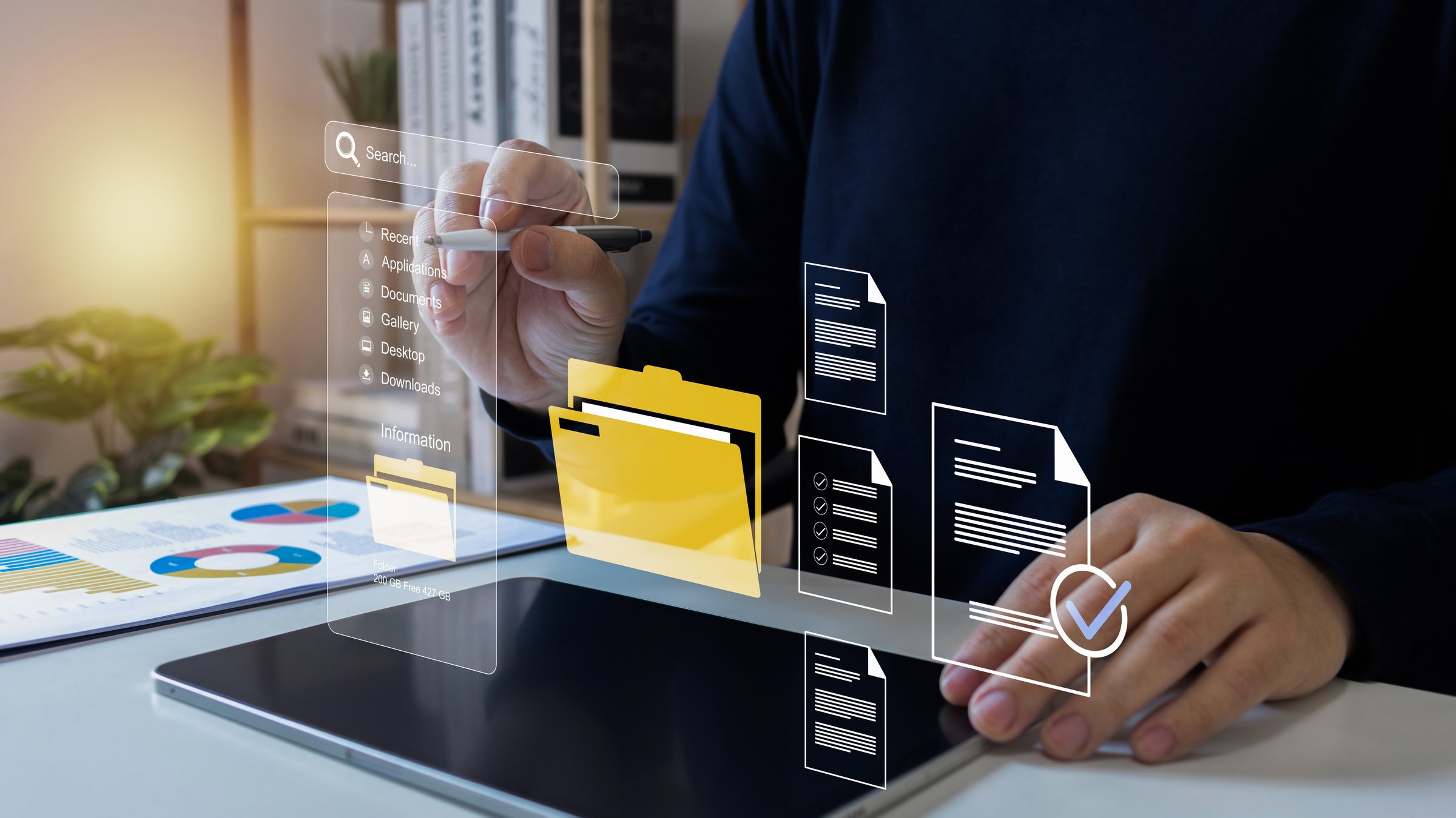 Document Management System (DMS),Businessman using a laptop searching folder and managing files paperwork.Software for archiving,share online database server, administration employee in enterprise.