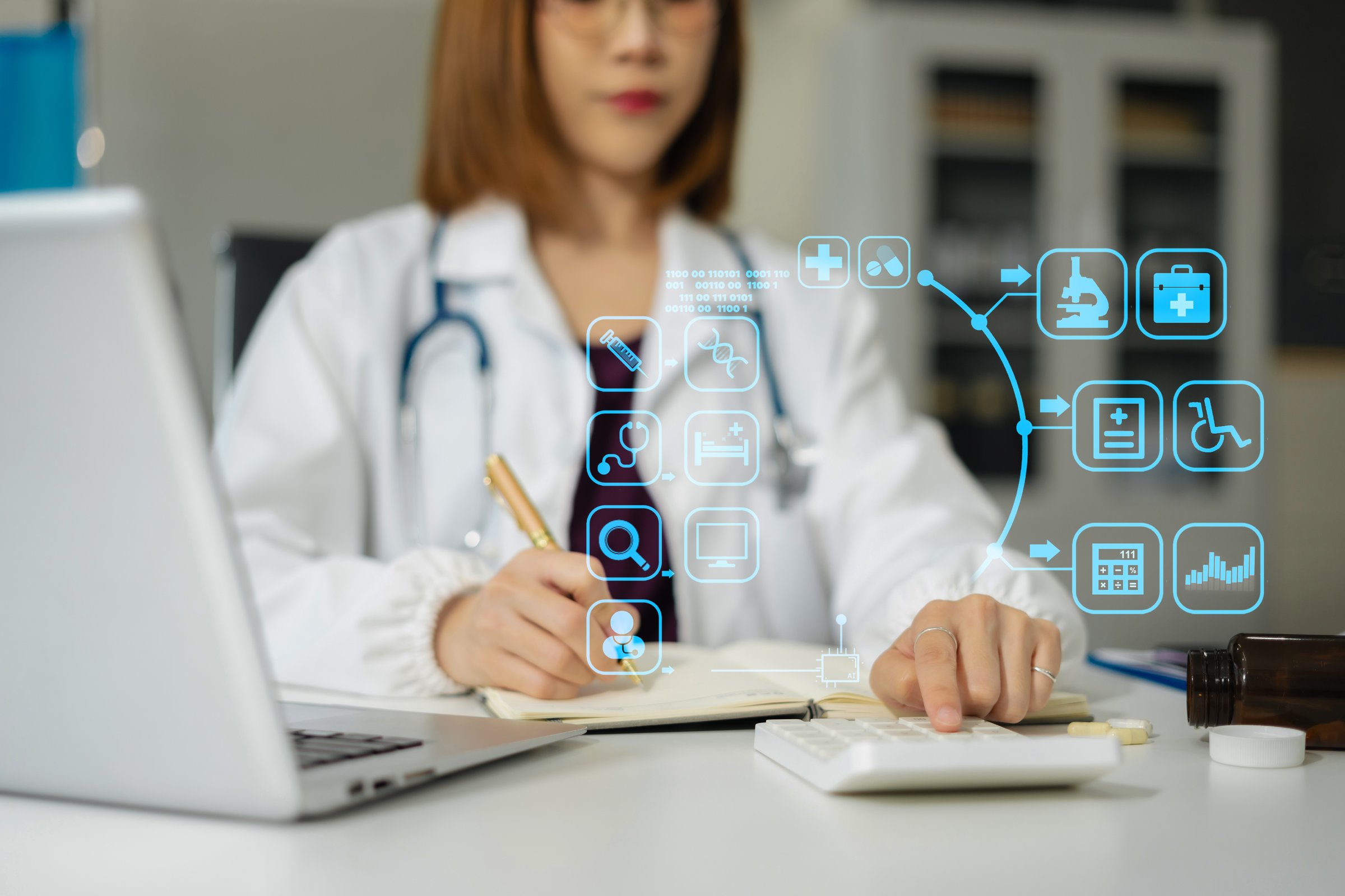 Doctor physician with stethoscope calculate medical fee costs or revenue. practitioner use calculator at Clinic.