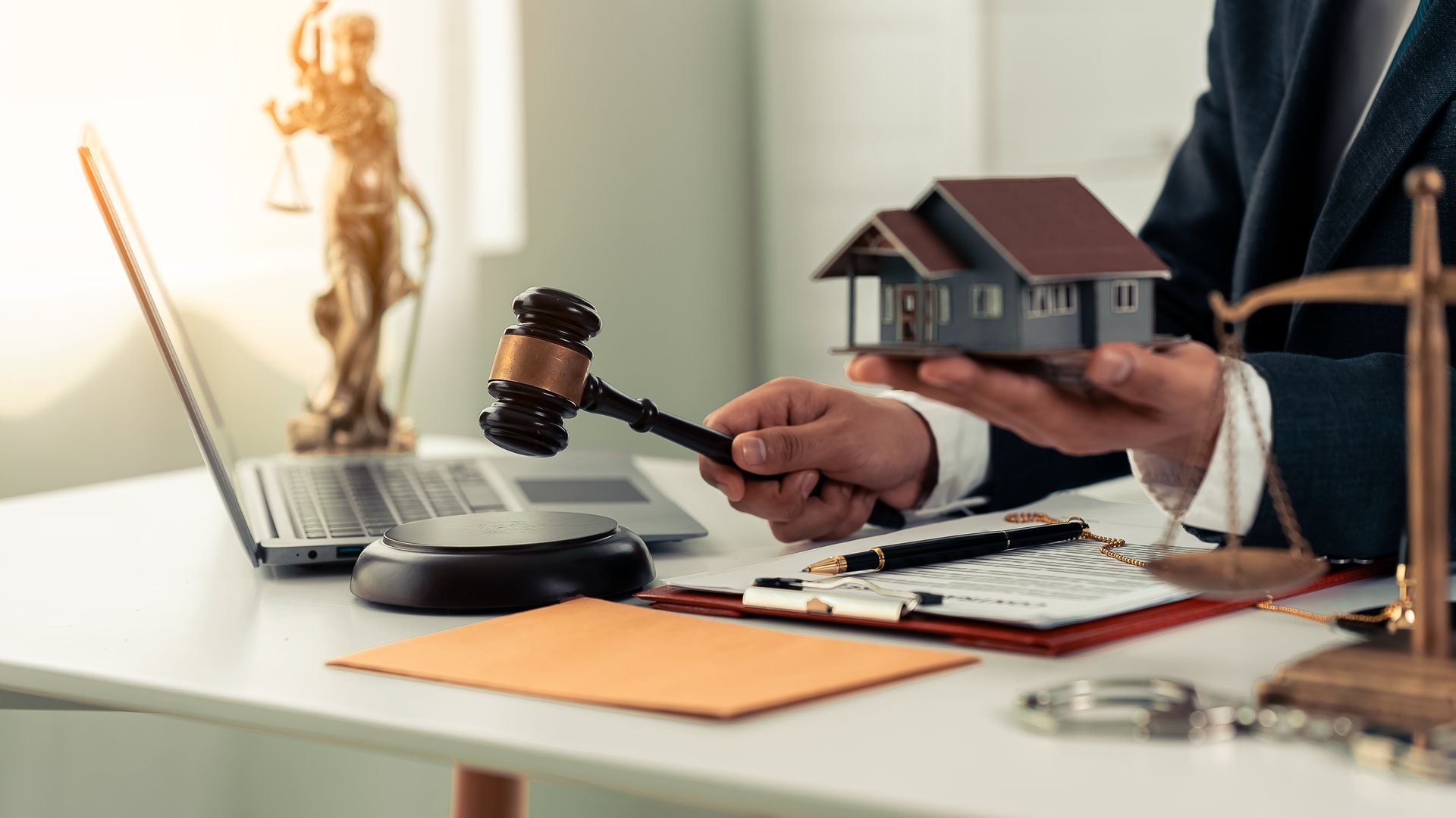 Miniature house, foreclosure auction, lawyer, wooden hammer on table with blurred house in background. Real estate auction and foreclosure concept
