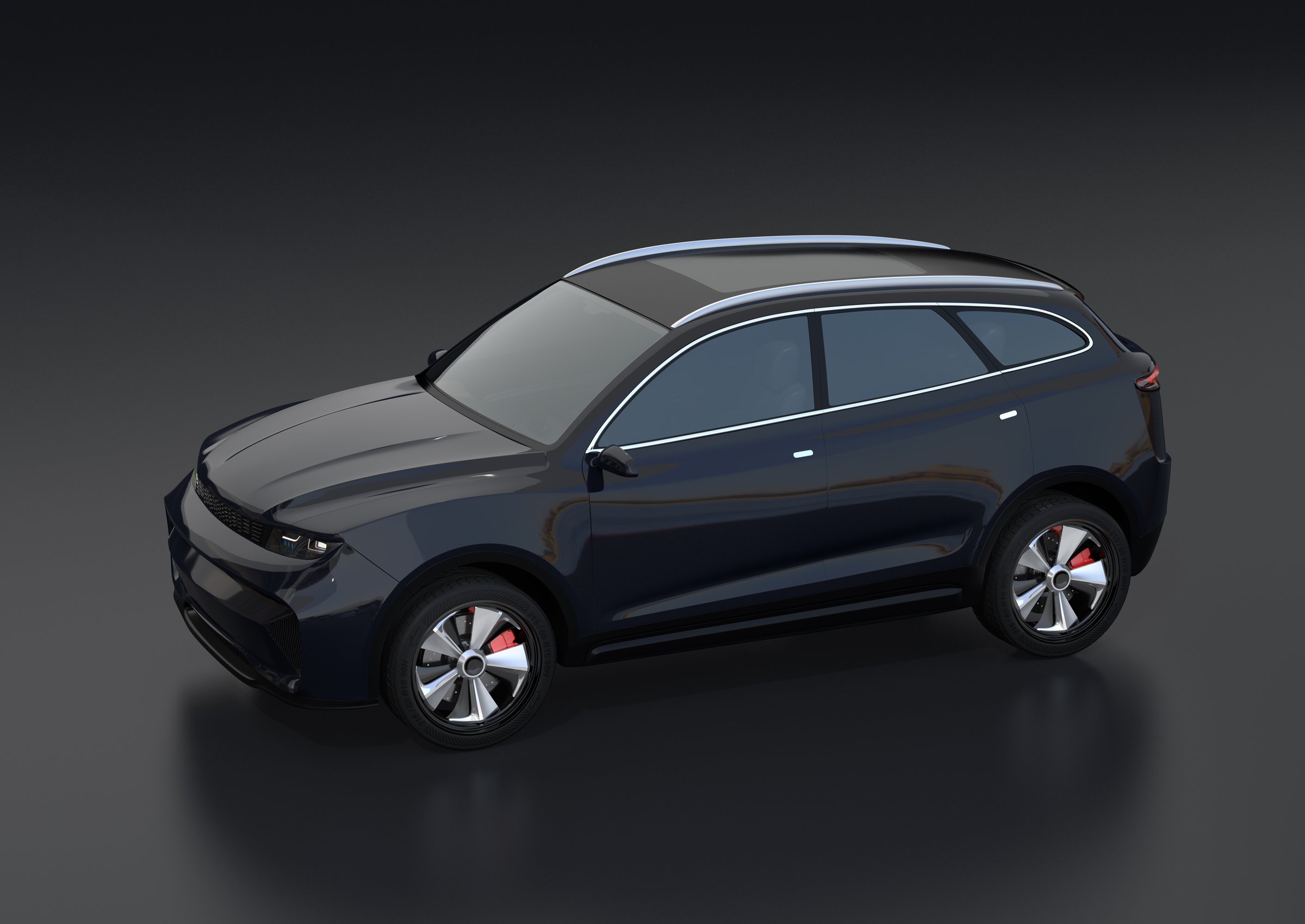 Black electric SUV on black background. 3D rendering image.