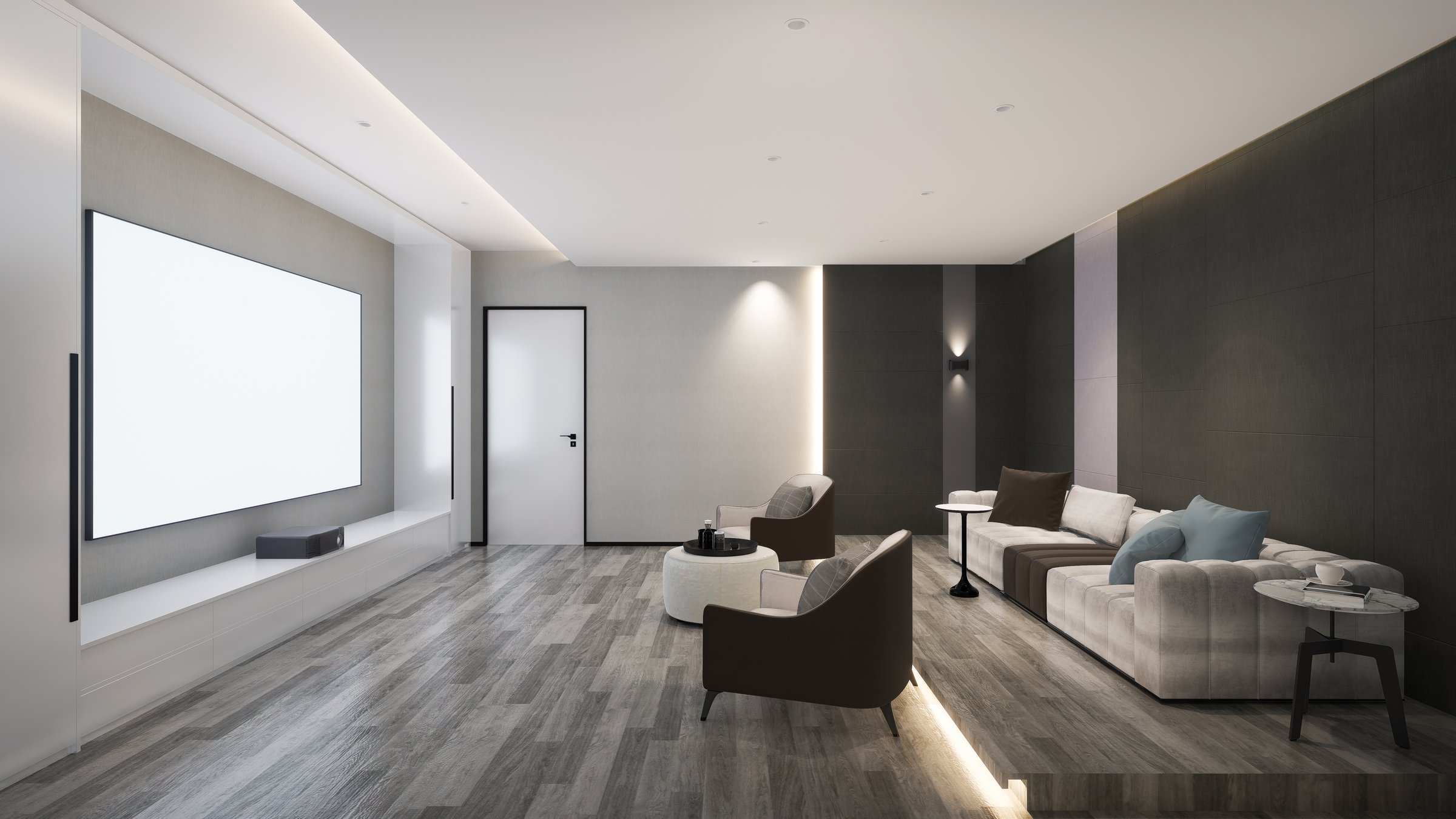 Small movie theater interior inside the house, comfortable atmosphere. 3D illustration