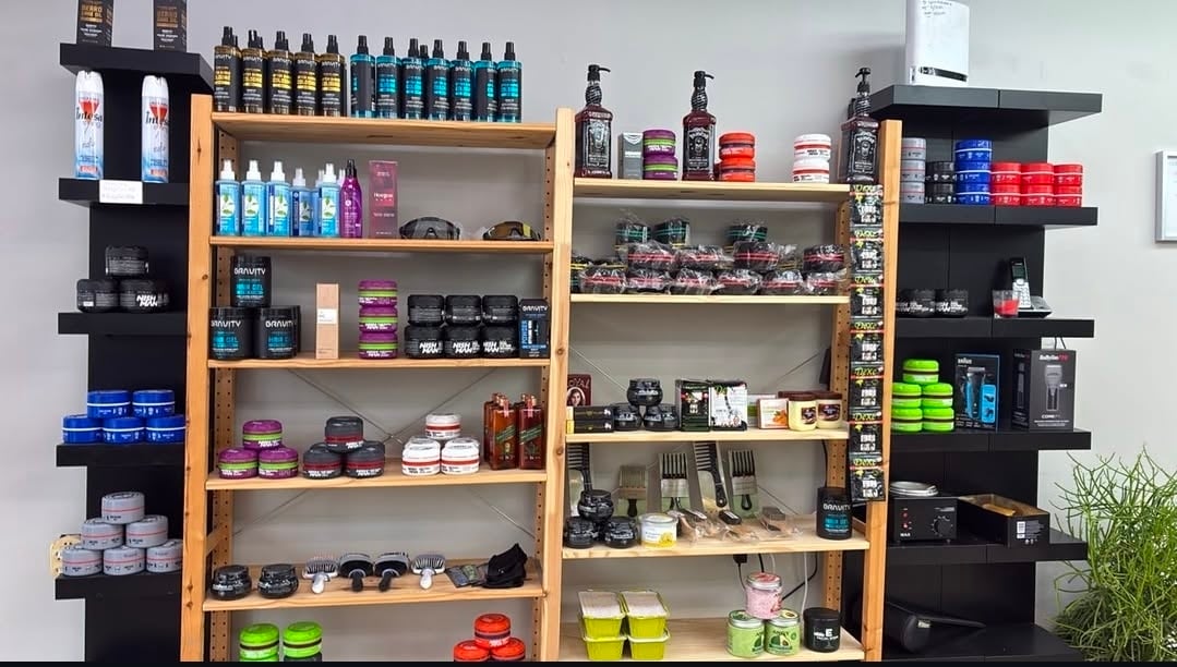 Product shelf at Babylon Barber Shop