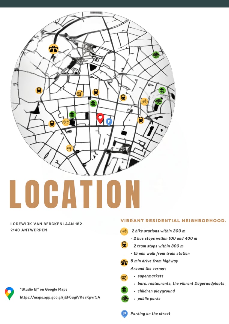 Map highlighting a residential area in Antwerp with nearby amenities and transport links, including bike stations and tram stops.