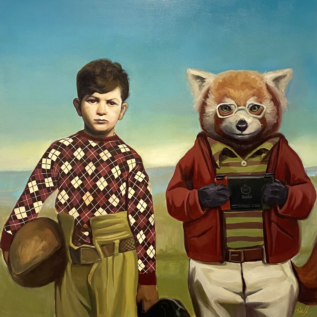 Painting of a boy and a human-like fox wearing glasses, with the boy holding a hat and the fox holding a tablet.