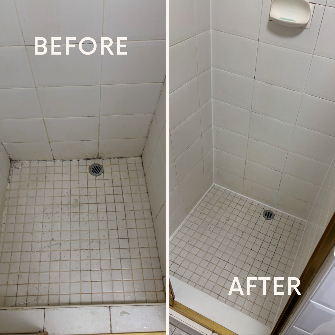 Before and after shower re-caulking comparison