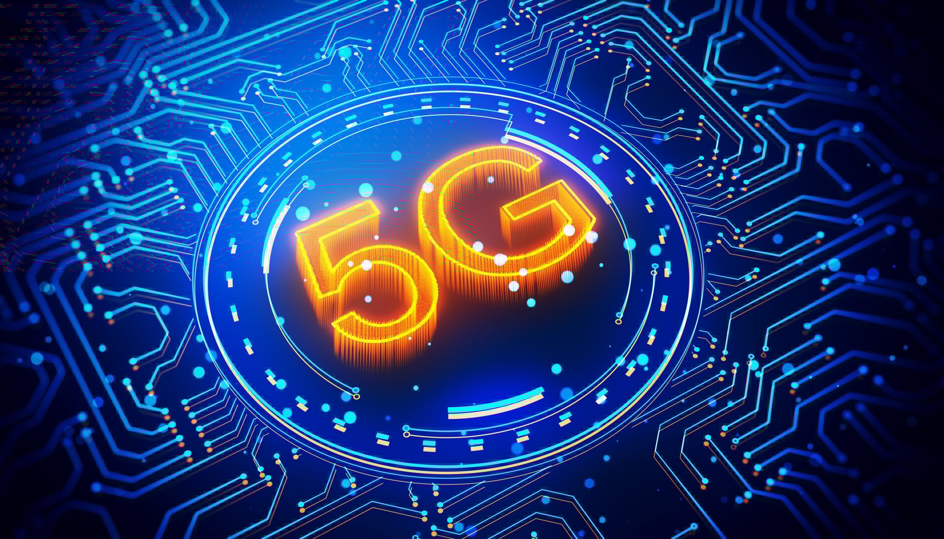 3D rendering of a glowing orange 5G symbol in the center of a blue digital circuit backdrop. Concept of modern wireless technology