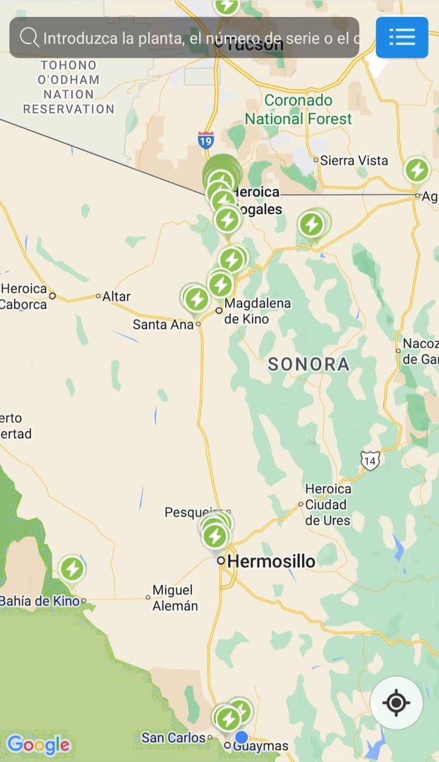 Map of Sonora, Mexico showing electric charging stations in various locations, including Hermosillo and Nogales.