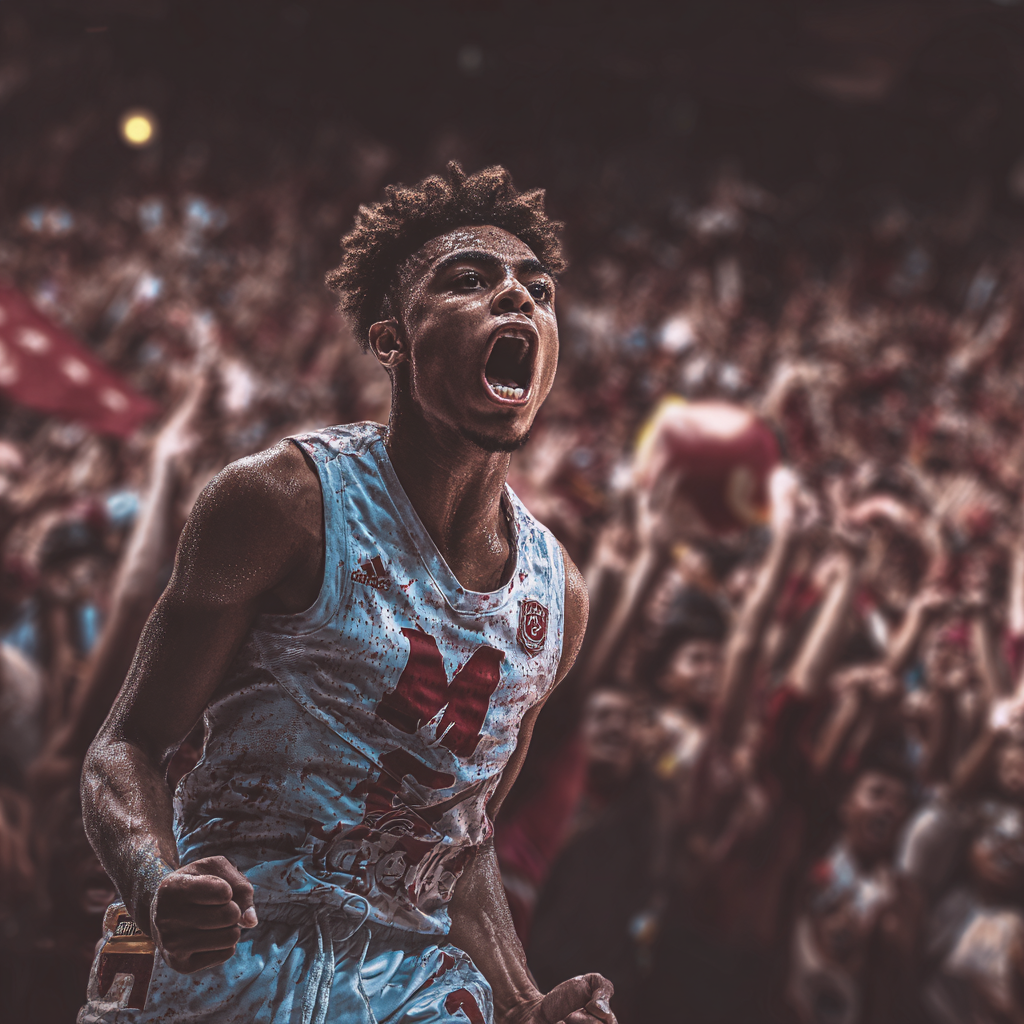 Young Black basketball player making game-winning shot